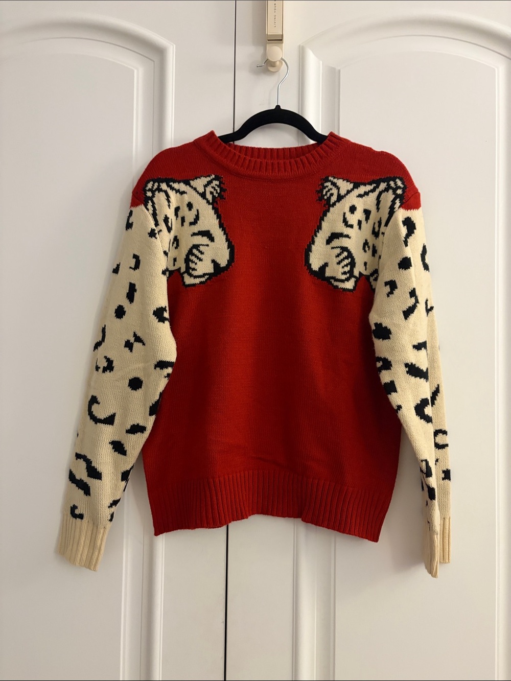 Red and Cream Leopard-Print Women's Sweater